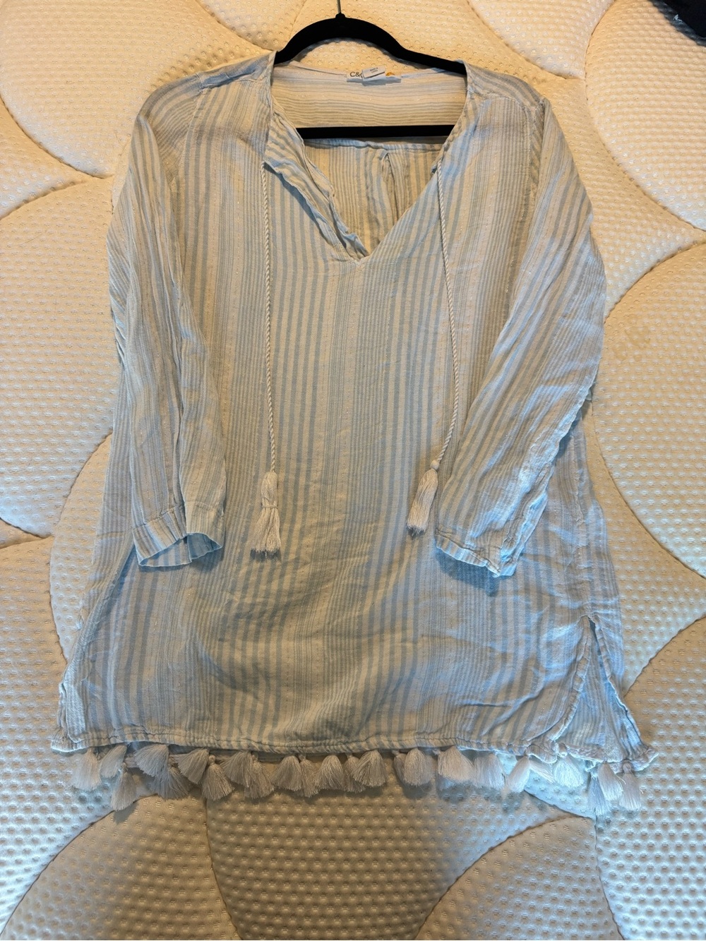 Light Blue Striped Tassel Tunic Beach Cover Up